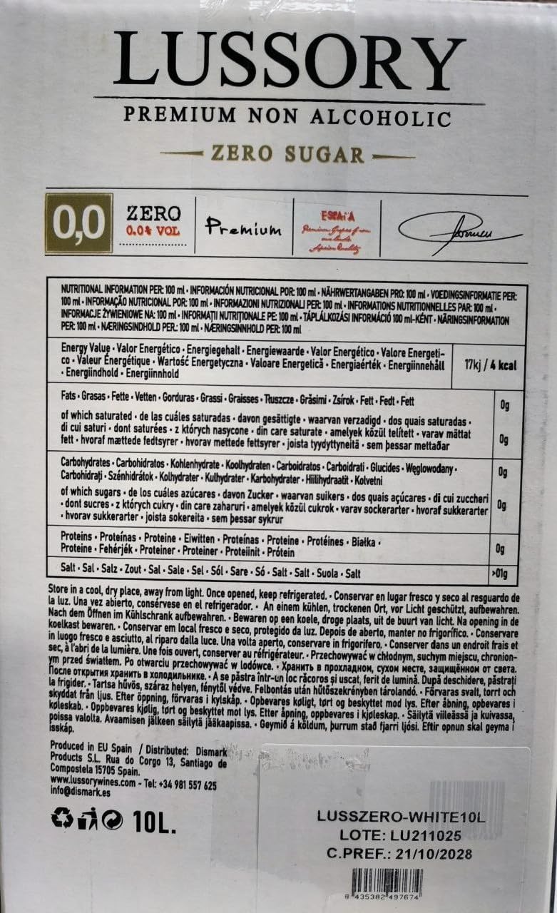 Vino Blanco SIN ALCOHOL 0,0 - LUSSORY PREMIUM | Bag in Box 10 litros | Equivalente a más de 13 botellas de 750ml | Formato ahorro con grifo | SIN azúcar, SIN alcohol, BAJO en calorías
