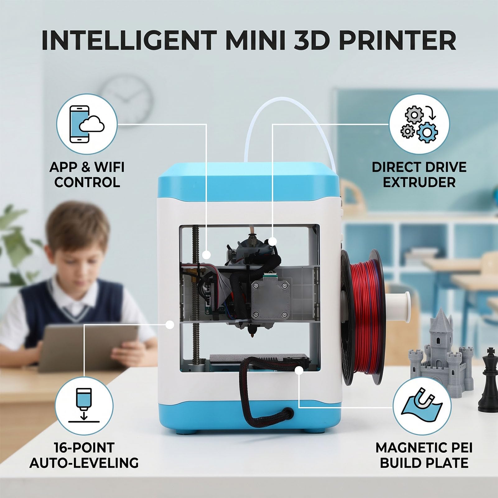Fafeicy Mini Stampante 3D Completamente Assemblata con Livellamento Automatico, Stampa Silenziosa Ad Alta velocità 250 Mm/s, Controllo App WiFi per Principianti Bambini Scuola a Casa (Spina europea)