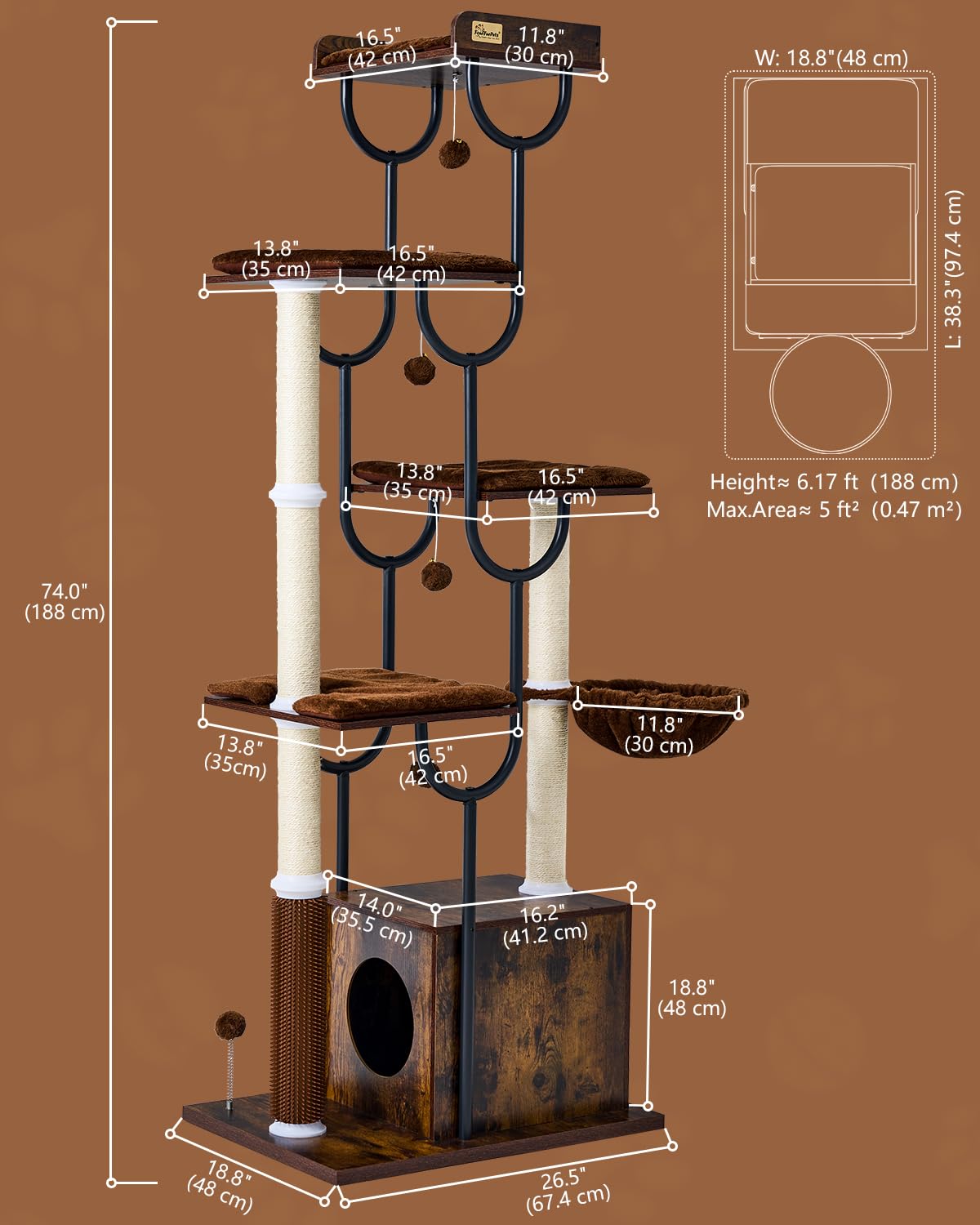 FourFurPets Albero Tiragraffi per Gatti 188cm, Tiragraffi con Cuccia per Gatti e 5 Pali in Sisal, Tiragraffi a Torre per Gatti con 4 Ripiani e Casetta per Gatti Adulti, Legno Moderno (Marrone Rustico)