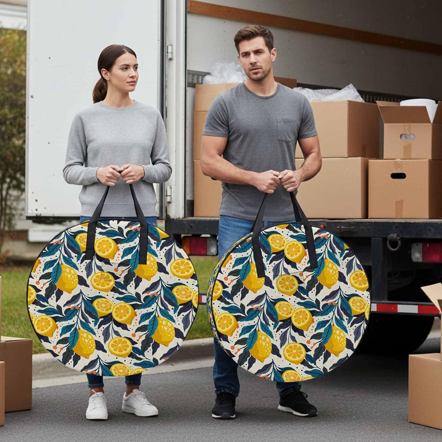 Storage Bag Yellow Lemon Round Storage Totes Bins Closet Organizers with Zippers & Handle Summer Fruit Blue Leaves Clothes Storage Container for Bedroom Dorm Space Saving Packing Supplies Moving Bags