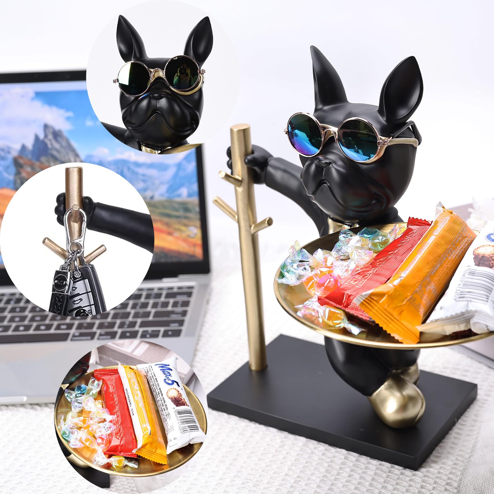 SHENGTIAN Statua Bulldog Francese in Resina con Vassoio Metallico Dorato, Portaoggetti Decorativo Statua Vassoio Portaoggetti per Chiavi Bijoux, Soprammobile Moderno Particolare per Casa Ufficio
