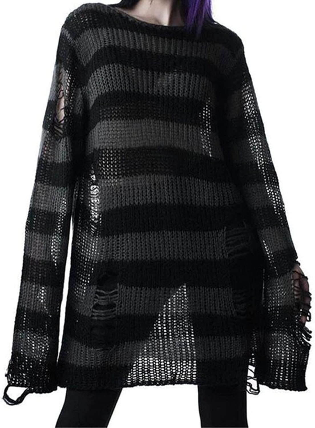 Women Hollow Knit Sweater Striped Ripped Casual Oversized Punk Gothic