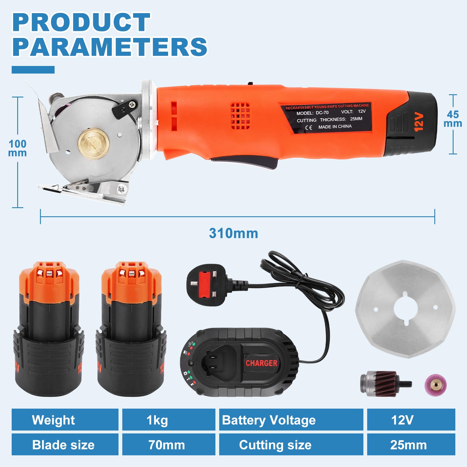MXBAOHENG Forbici per tessuti a batteria Taglierina elettrica rotonda Spessore massimo di taglio 25 mm per il taglio di tessuto/moquette/pelle/gomma/cartone (2 batterie 2 lame, Arancia)