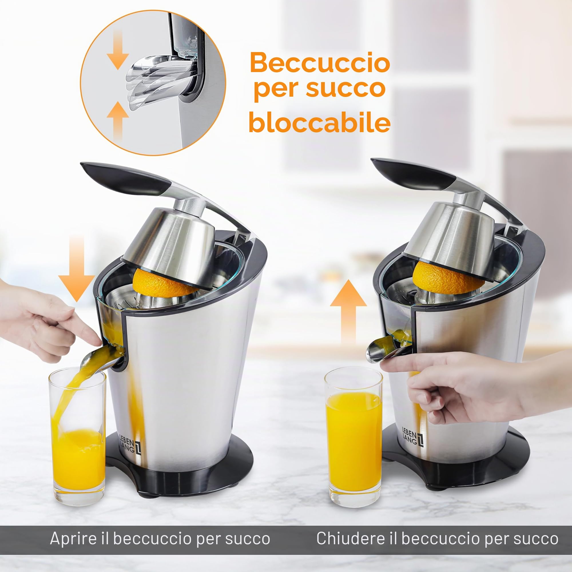 LEBENLANG Spremiagrumi elettrico 600W - Cono in acciaio inox & senza BPA I Spremi agrumi elettronico professionale I Spremuta arancia citrus Juicer machine I Spremi arance automatico melograno piccolo