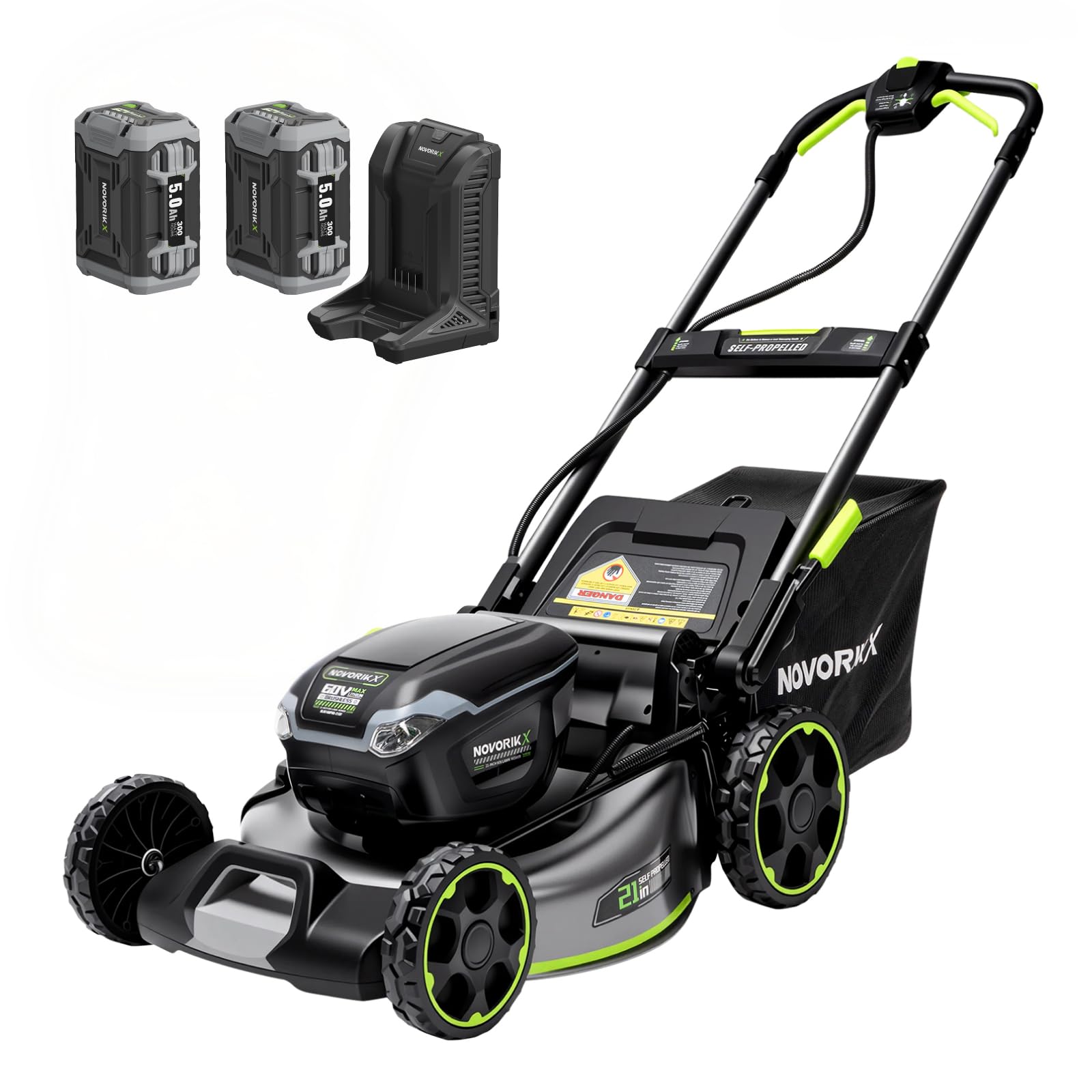 NovorikX Cortacésped con batería de 60 V con 2 baterías de 5,0 Ah, ancho de corte de 53 cm, motor sin escobillas, luz de trabajo LED, mantillo, recogedor, expulsión lateral, obsidiana negra