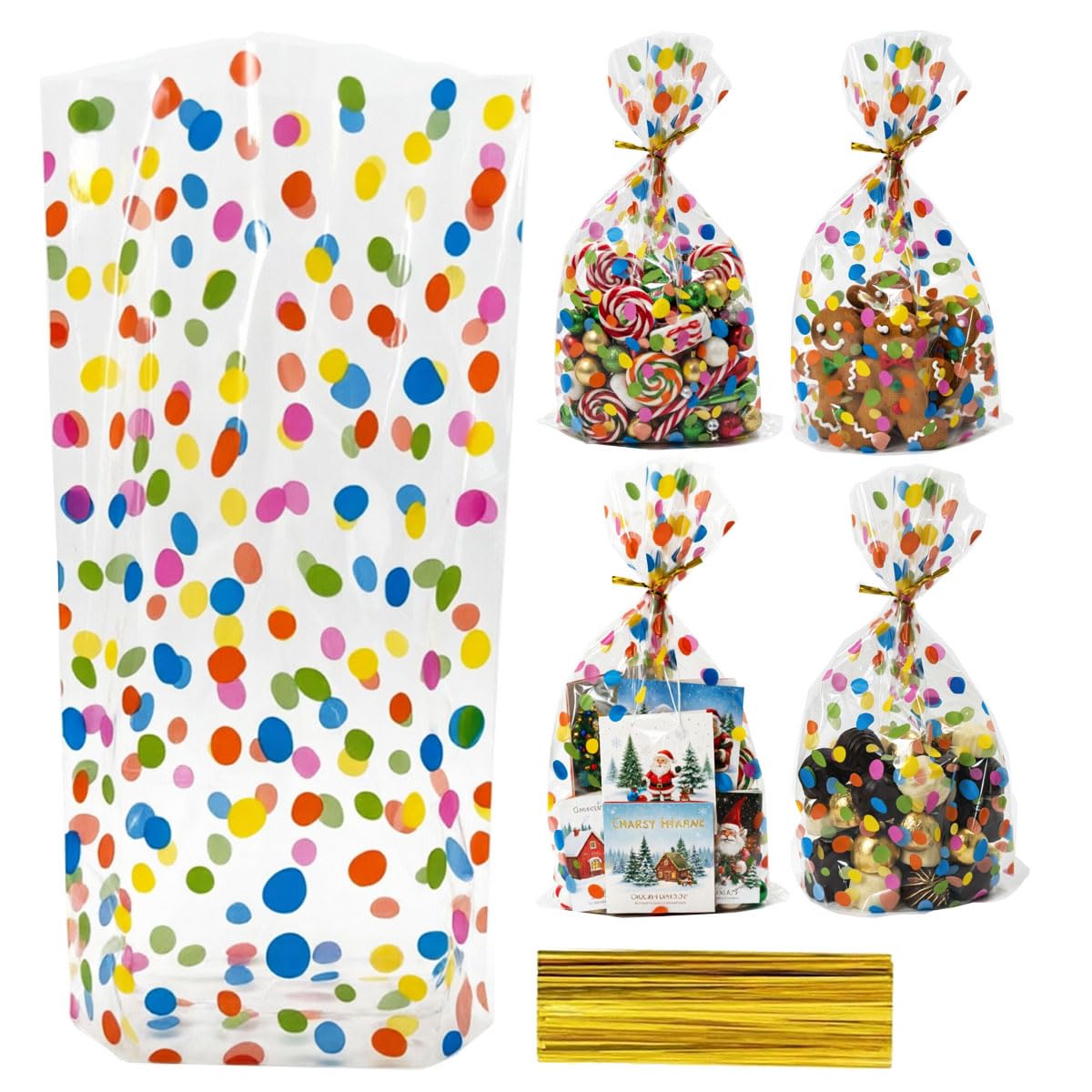 Lanyota Clear 100Pcs Cellophane Bags With Coloured Dots, 15X25cm Plastic Packaging Bags,Flat Bottom Sweet Bags With Twist Ties For Cookies, Biscuits, Candy,Envelopes, Gifts, Cards, Pictures (100)