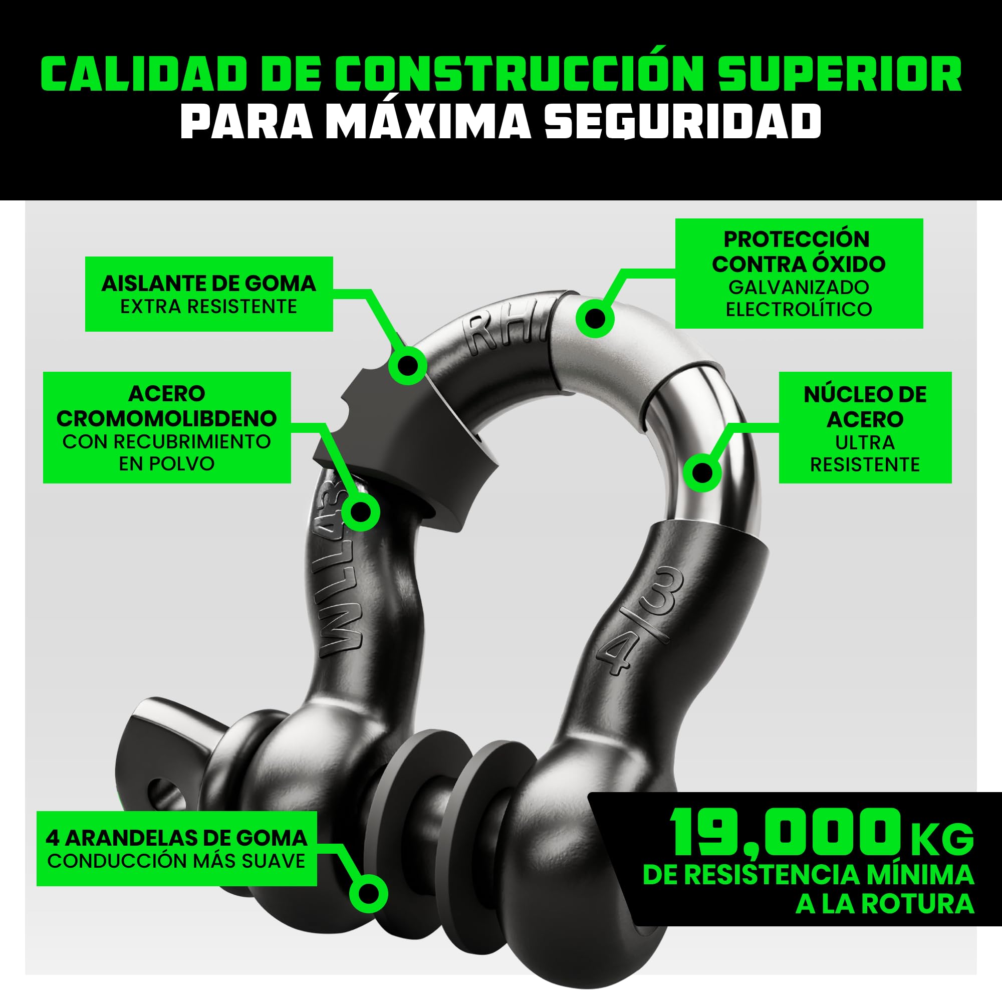 Rhino USA D-Ring Grilletes (2 Piezas) - Resistencia a la Rotura de 18.983 kg – Horquilla 1,9 cm con Pasador de 2,2 cm para Remolque y Uso 4X4 – Pares con Correa de Recuperación para Vehículos (Negro)