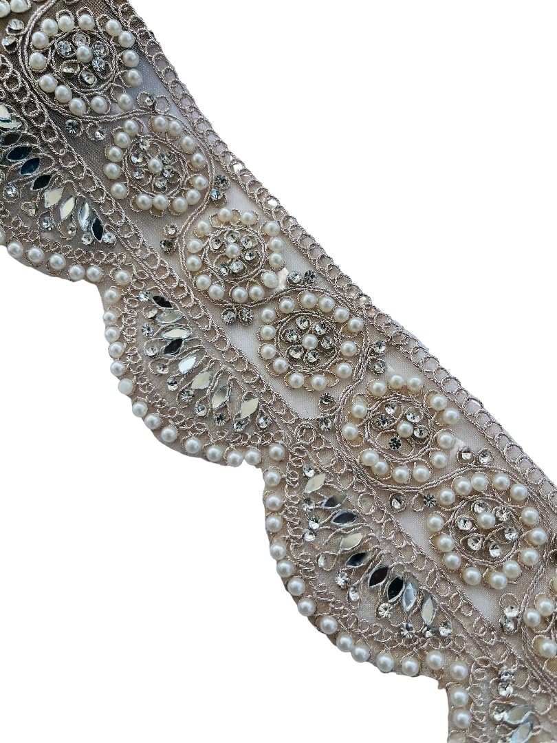Borde de encaje de 2.3 pulgadas con circonita de espejo y perlas para vestidos por yardas