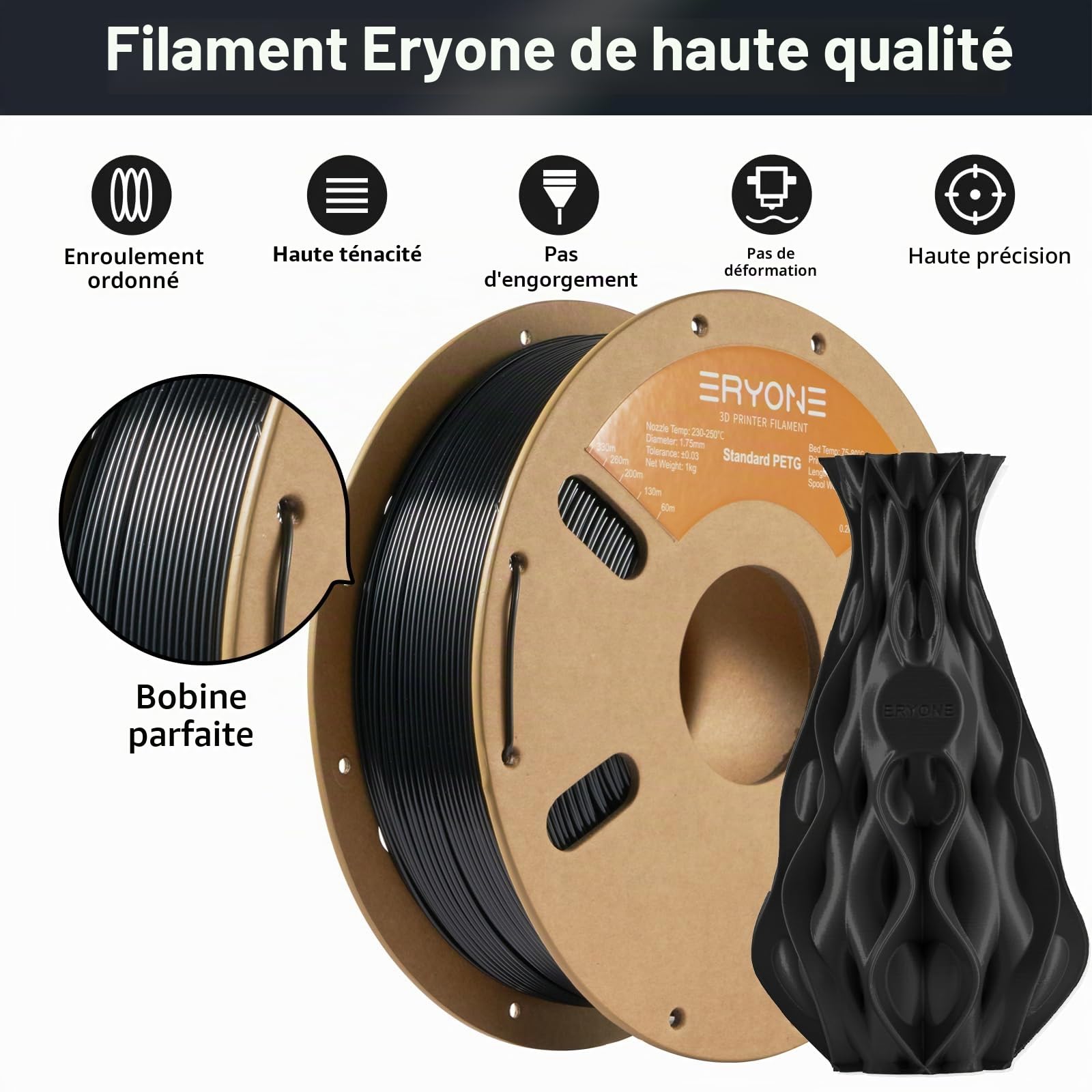 ERYONE PETG Filament 1.75mm, Filament PETG for 3D Printer 2KG, +/-0.03mm, 2 Pack 1KG Cardboard Spool, Black