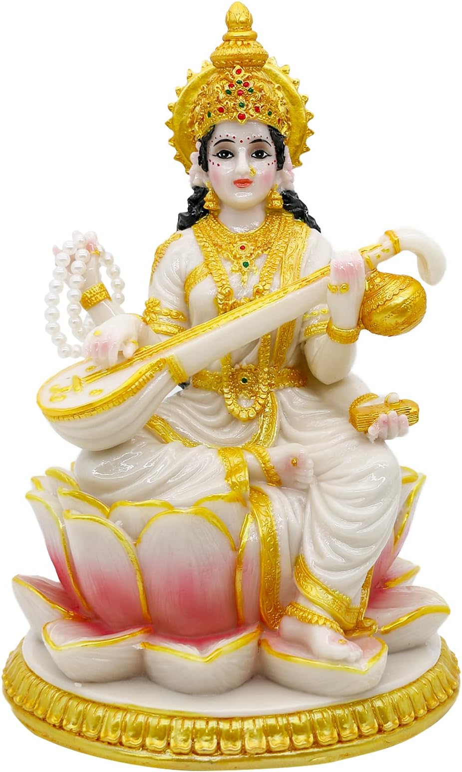 Big Hindu Goddess Saraswati Statue - 8.7”H Marble Look Indian Idol Saraswati Figurine India Diwali Murti Pooja Sculpture Home Office Temple Mandir Puja Item Altar Shrine Spiritual Decor
