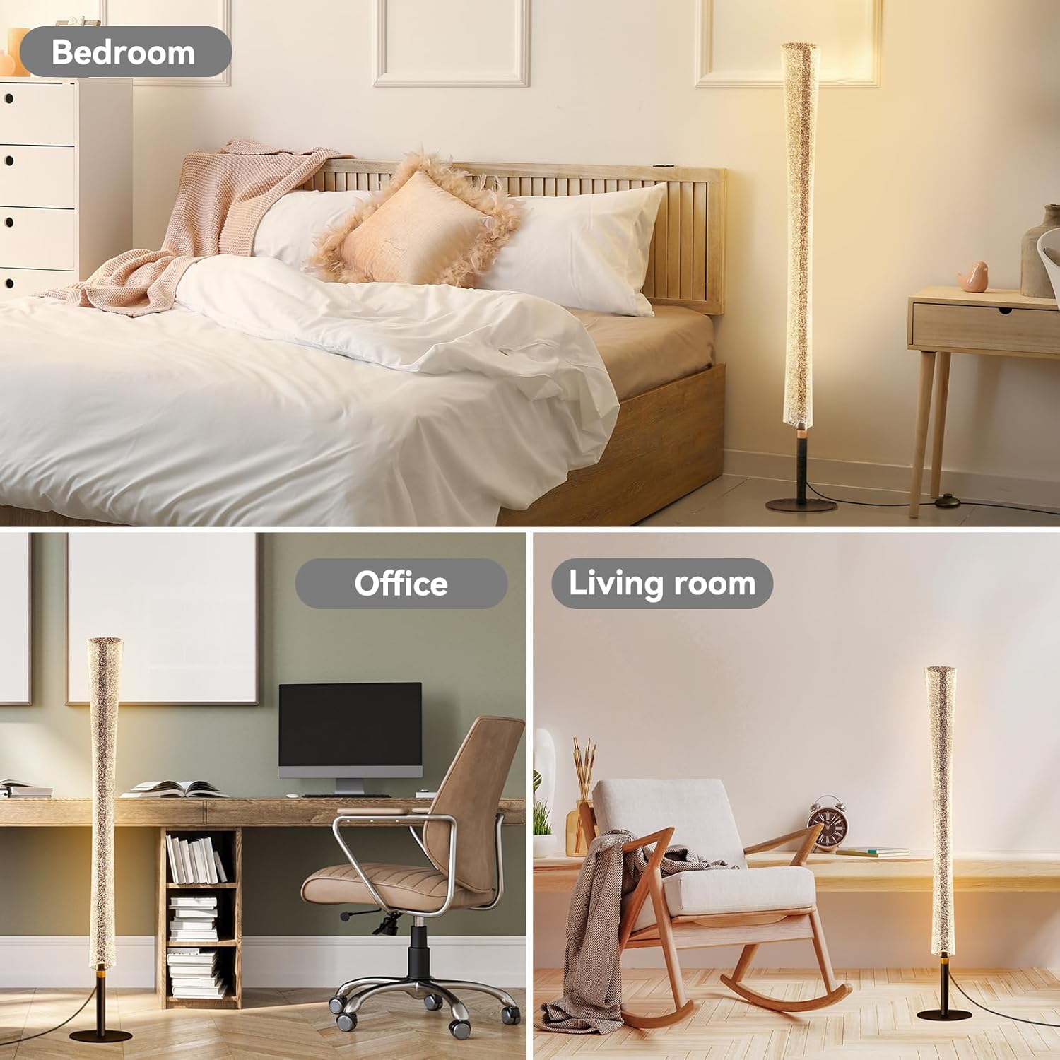 NUÜR Modern LED Floor Lamp with Remote & Foot Switch, 2700K–6500K 3 Color Temps & 10–100% Dimming, Sparkly Glitter Acrylic Tube Column, Slim Black Tall Standing Lamp for Living Room Bedroom Office