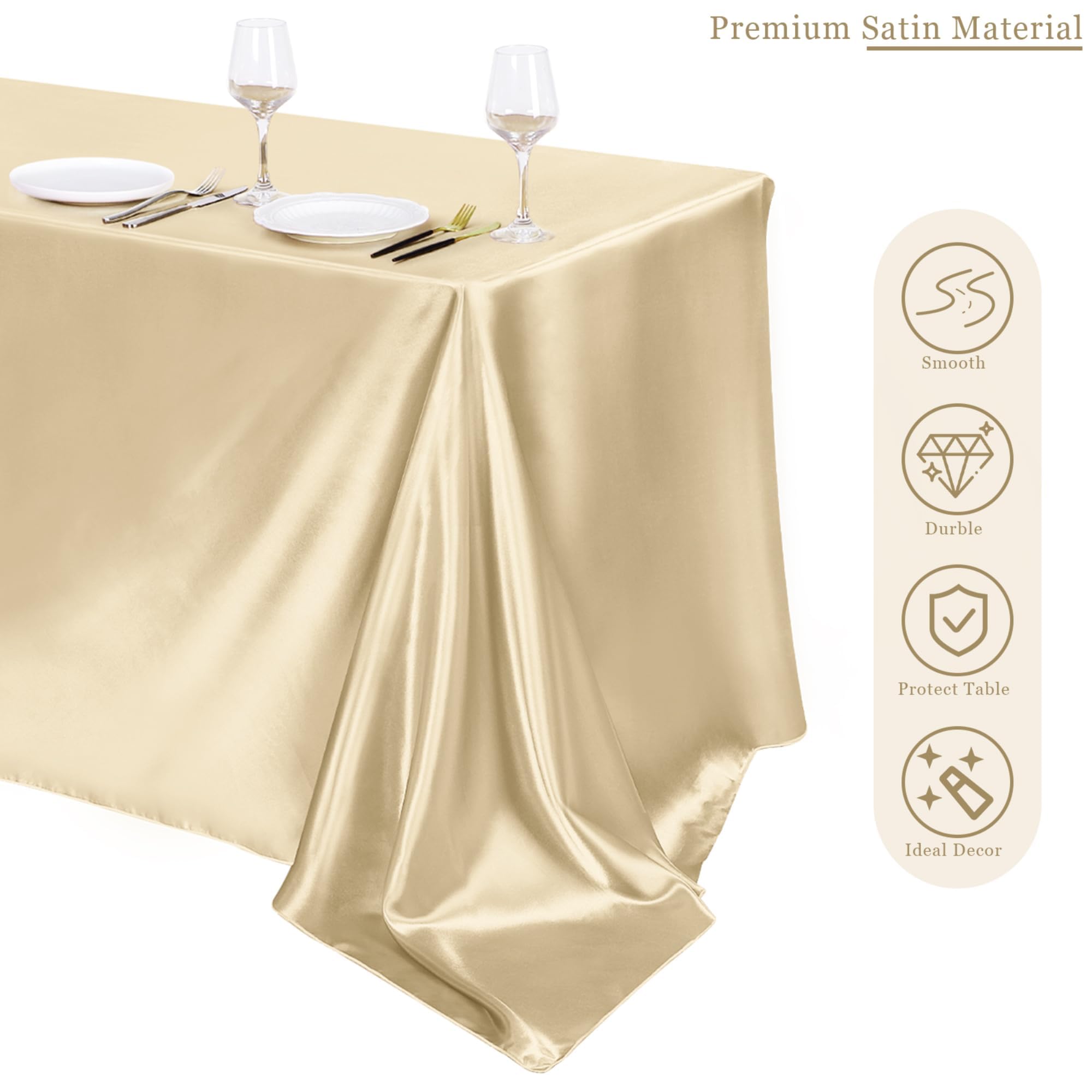 TURSTIN Confezione da 8 tovaglie in raso color champagne, 260 x 147 cm, sovrapposizione, rettangolari, in seta brillante, tessuto liscio, decorazione da tavolo, per matrimoni, banchetti, feste, eventi