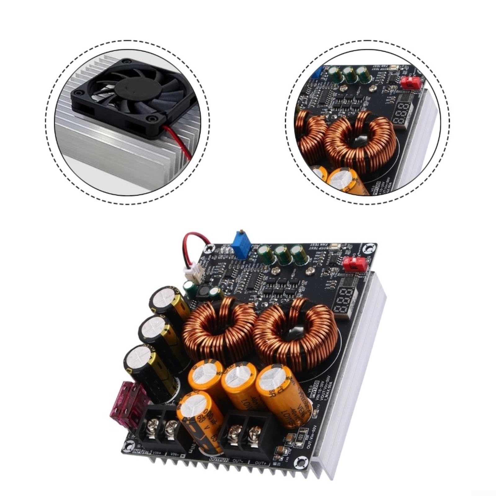 Convertidor de impulso de 1200 W, módulo de alimentación ajustable de 50 A, para potenciador de audio, diseños de inductor dual, con protección contra sobrecorriente, entrada CC 10-30 V a