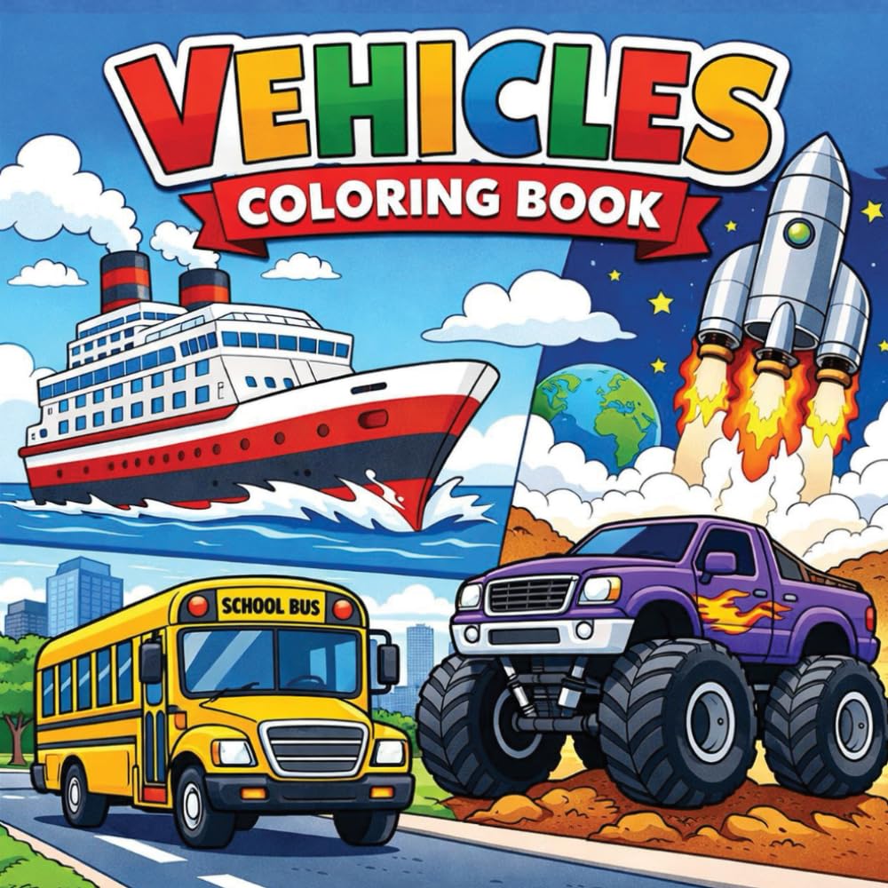 Vehicles Coloring Book: Simple Illustrations of Cars, Trucks, Ships, and Rockets for Kids Ages 2-5