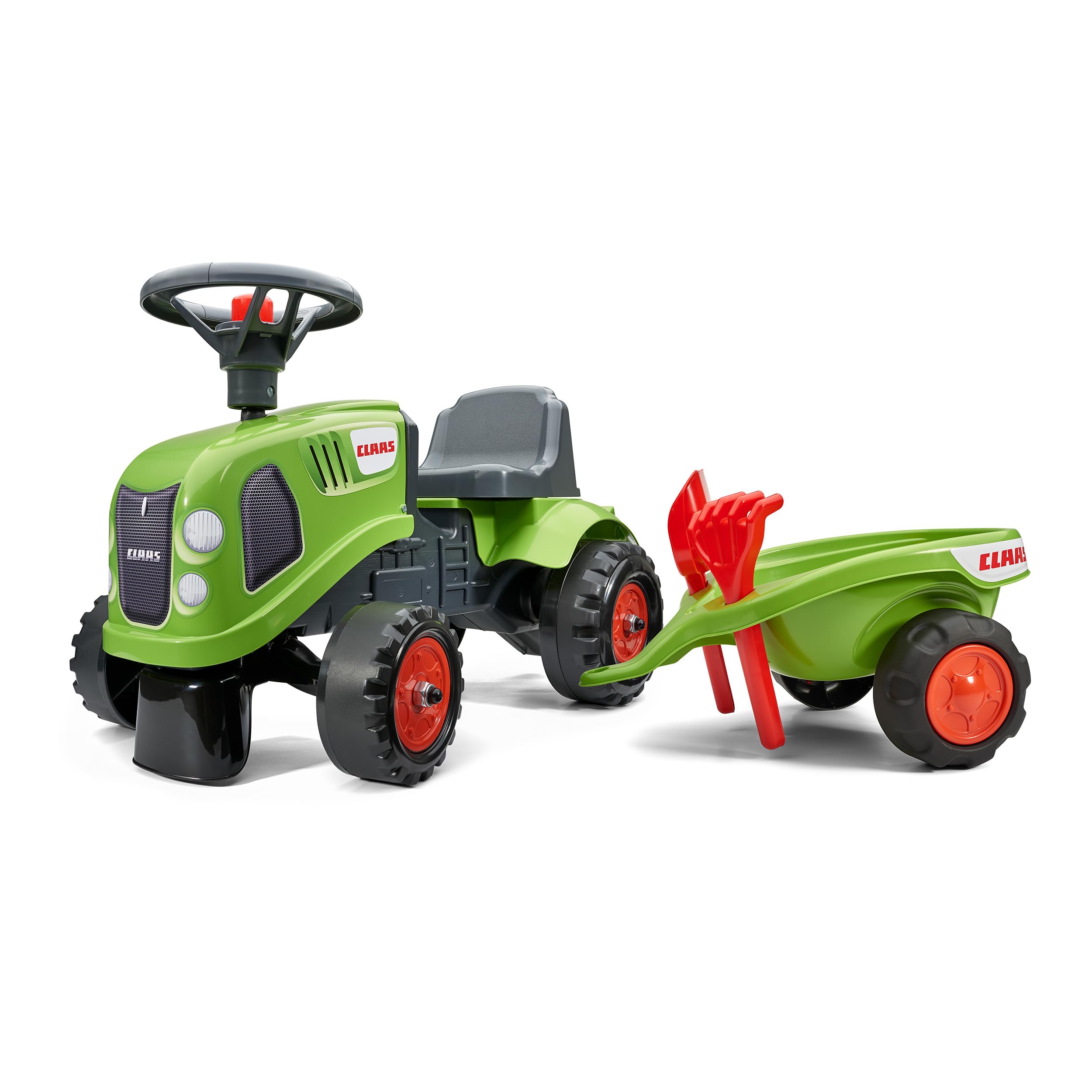 Falk Claas Tractor Ride-On with Trailer, from 12 Months, Made in France, Shovel and Rake Included-2 Styles, Customisable License Plate, 212C, Green