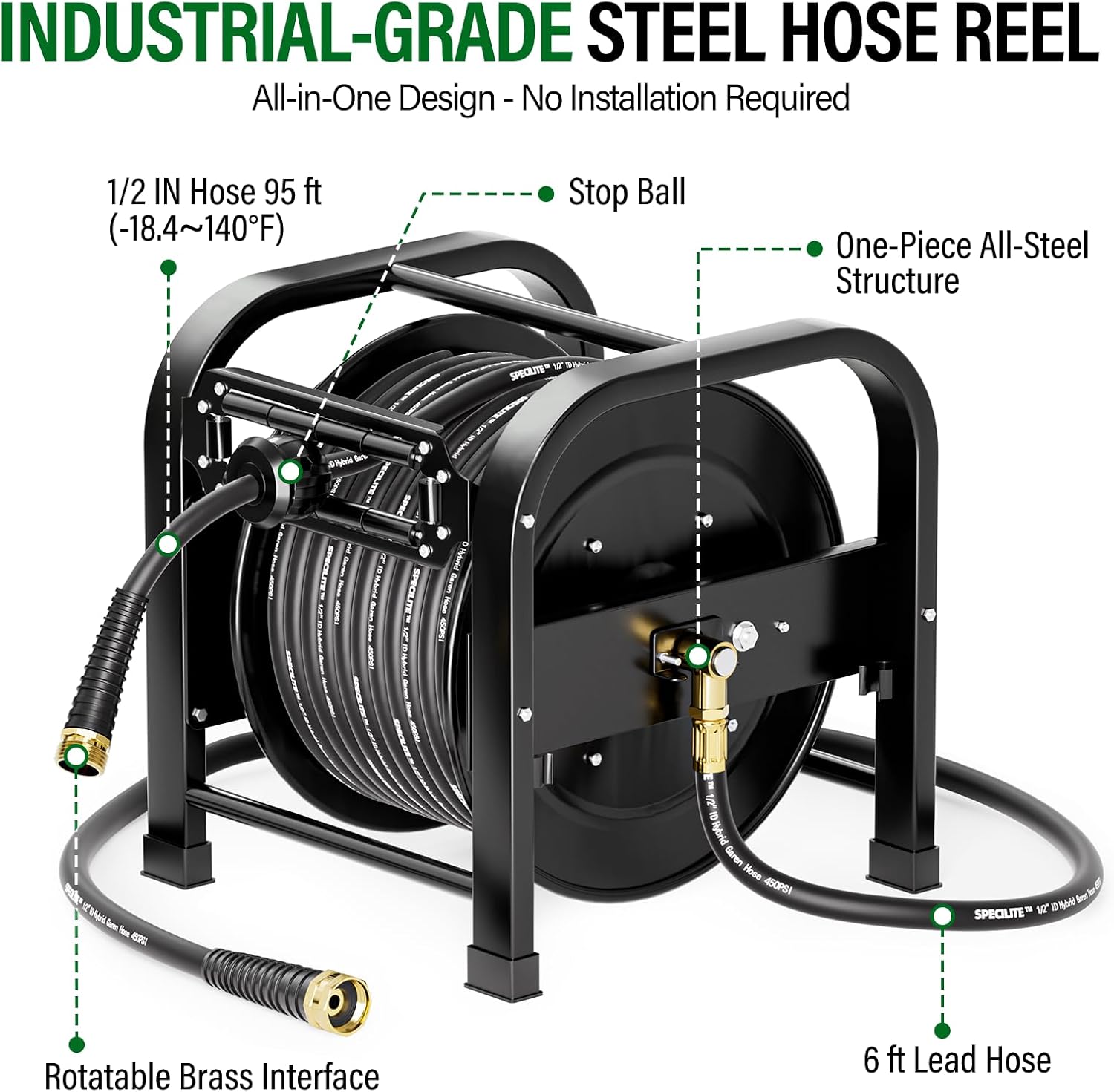 SPECILITE Retractable Hose Reel with 1/2'' x 95FT Garden Water Pipe, 1200 PSI, UV Resistant Heavy Duty Industrial Metal Freestanding Spool, 6' Lead-in, Sprayer Nozzle for Garage, Yard, and Workshop