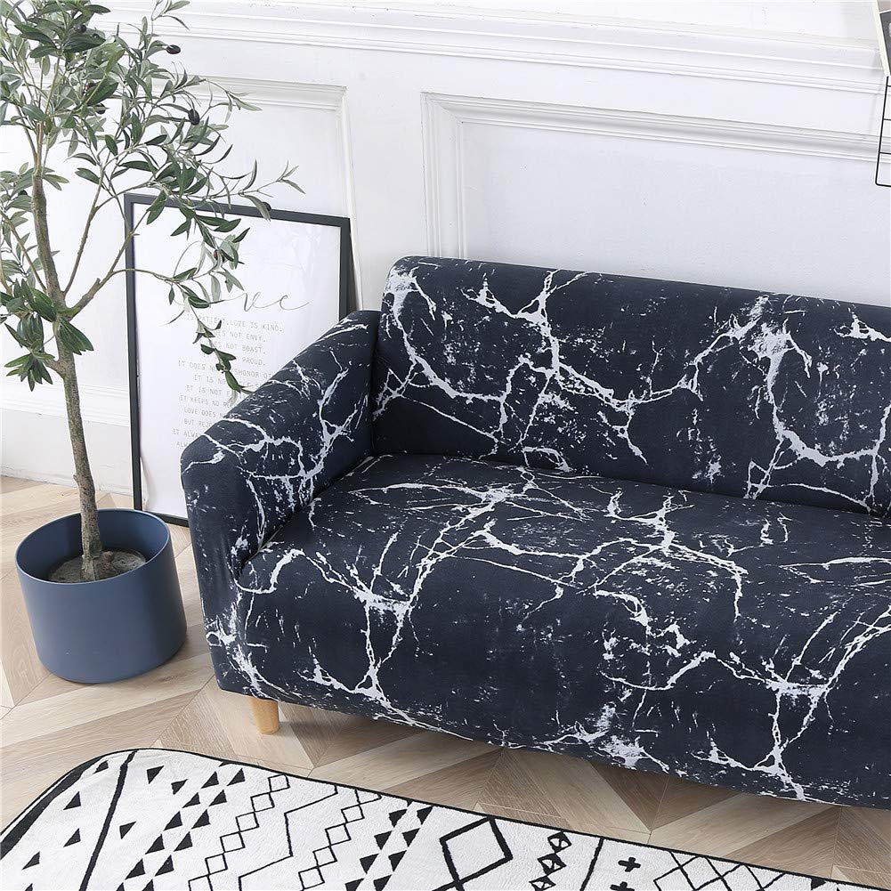Housse de canapé élastique motif marbre noir 1 à 4 places avec accoudoirs