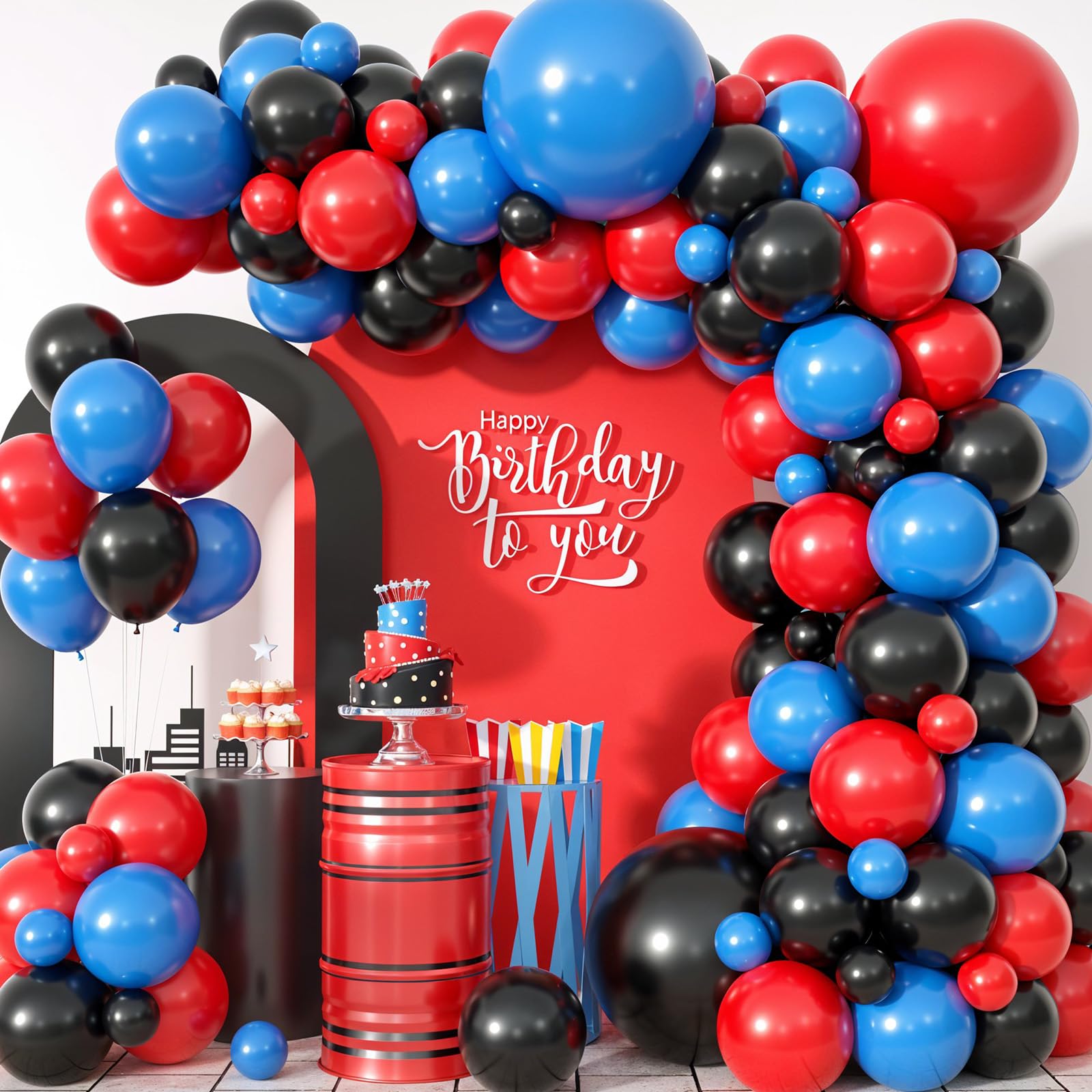 Blue Red Black Balloon Arch Garland Kit, Blue Red Black Latex Balloon Theme Balloon Arch for Boys Kids Birthday Party Baby Shower Decoration Theme