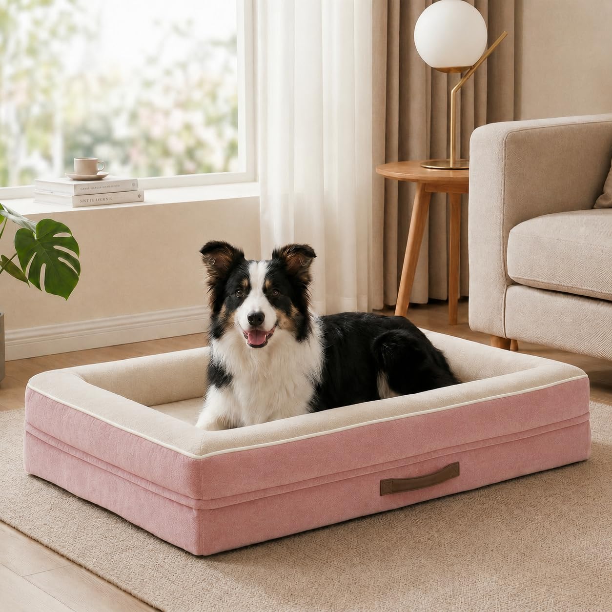Renvix Large Orthopedic Dog Bed, Waterproof Dog Sofa Bed with Removable Washable Cover, Soft Egg Foam Pet Bed, Non-Slip Bottom and Four-Sided Bolster Cushion（Pink, 91x61x18cm）