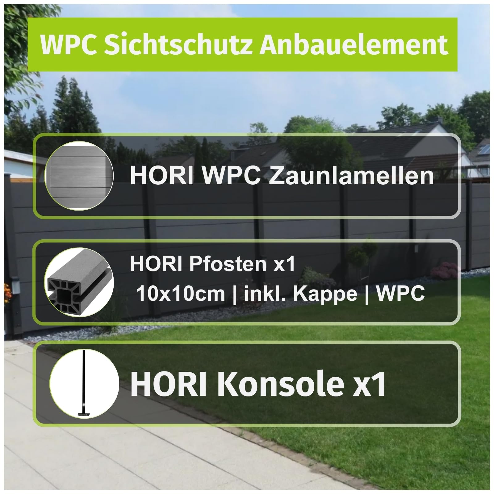 HORI WPC Sichtschutz Zaunelement Schräg 90x180 Cm – Anthrazit, Pflegeleicht, Zum Einbetonieren Oder Aufschrauben