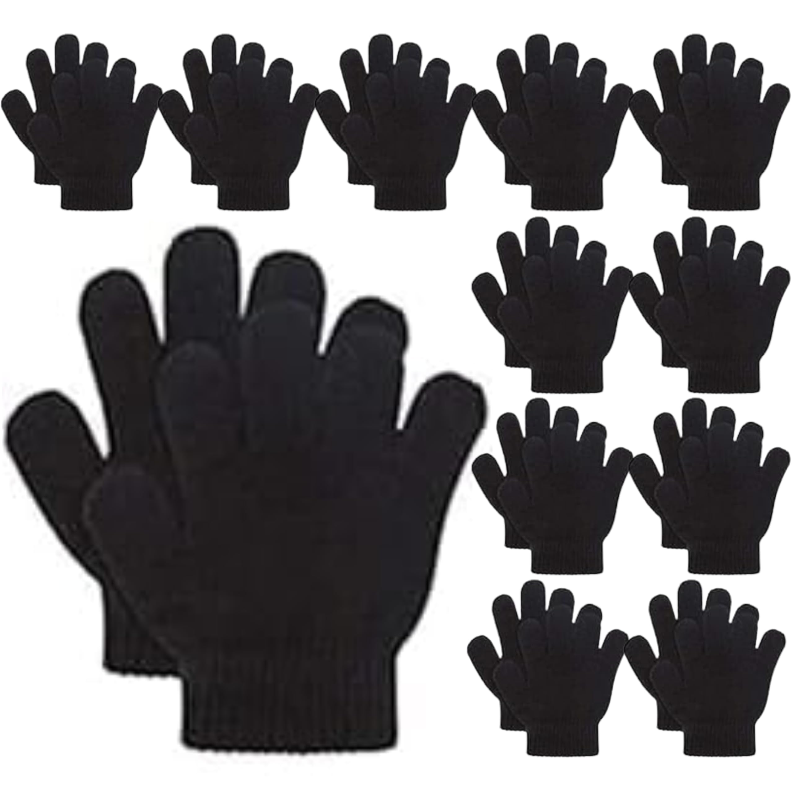 Bamu Kids Winter Magic Gloves - 12 Pairs Soft & Warm Stretchy Full Finger Knitted Mittens for Boys and Girls (12 Pack Black)