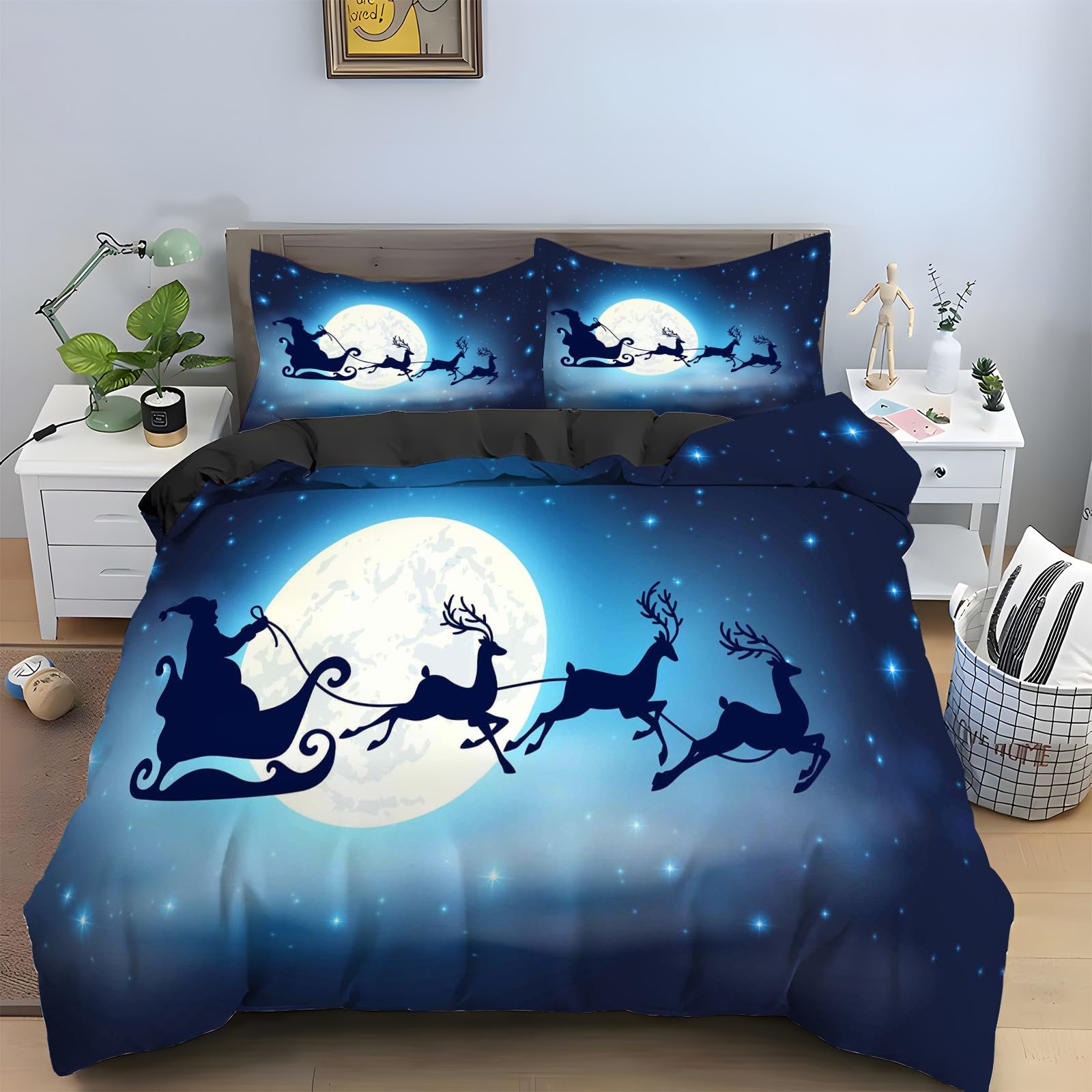 Housse de couette 200x200 Noël parure de lit wapiti 3 pièces fermeture éclair