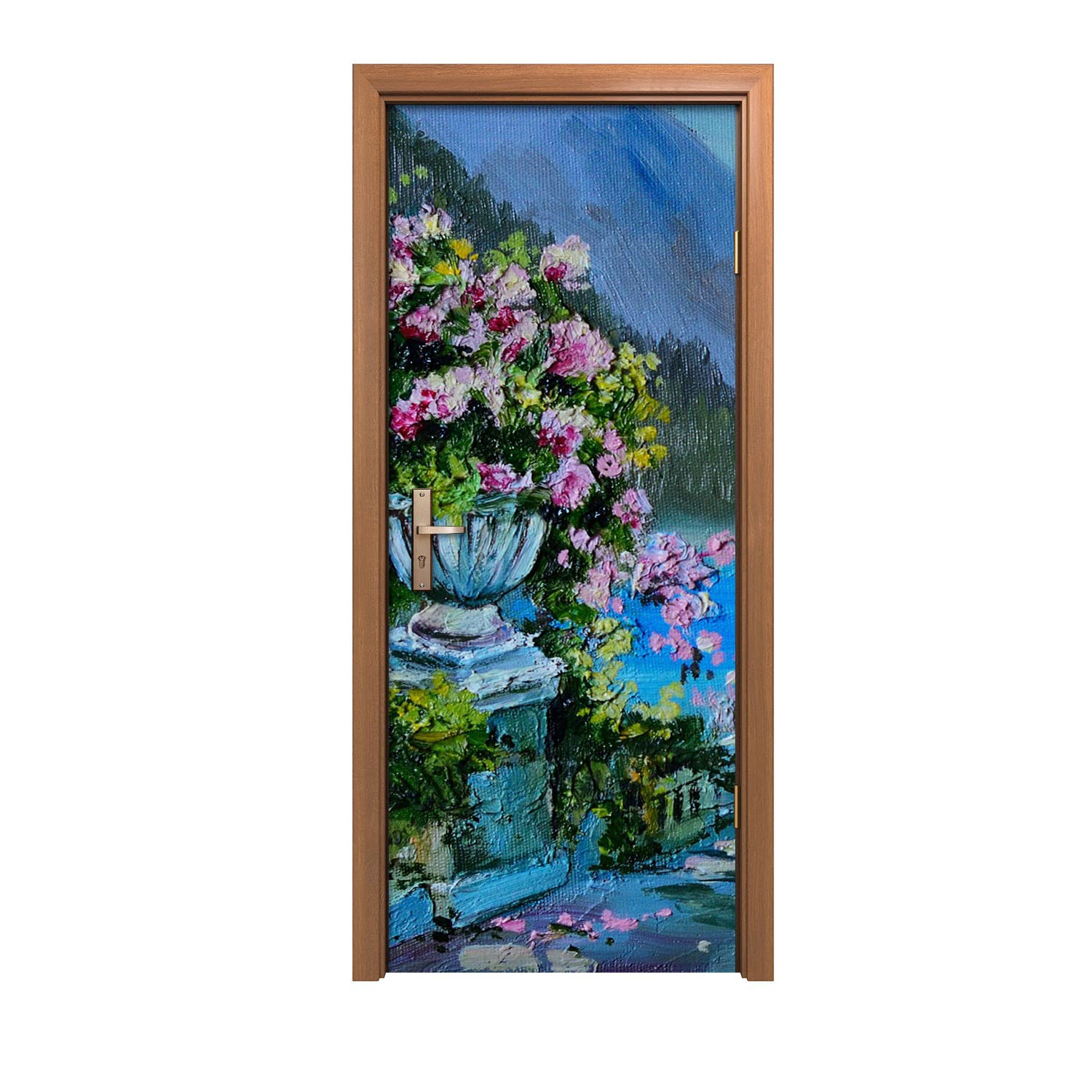 Sticker de porte fleurs de montagnes du lac pour créer un salon nature unique