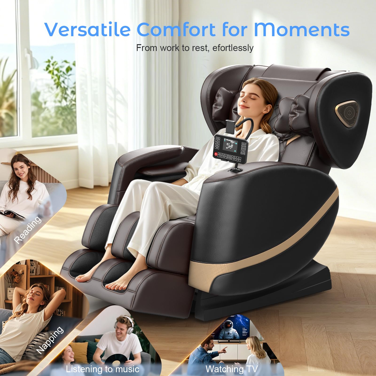 Poltrona Massaggiante per Tutto il Corpo con Rulli e Airbag, Funzione Zero Gravity, Altoparlanti Bluetooth e Touchscreen, Funzione Riscaldante per Vita e Gambe, con Massaggio Plantare (Nero + Marrone)
