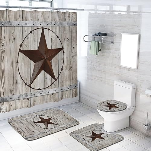 Texas Star - Juego de 4 cortinas de ducha con alfombras de madera, estrellas oxidadas, estilo occidental, retro, granja, 4 piezas, alfombras de baño
