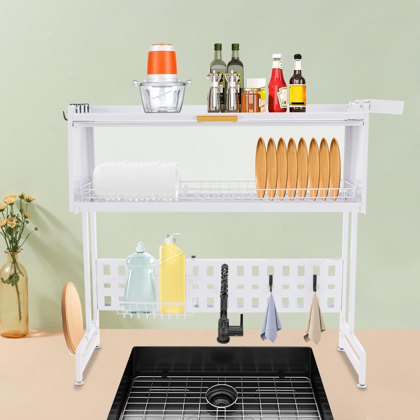 Estante para platos, escurreplatos para platos, escurreplatos sobre el fregadero, diseño ajustable, hay agujeros de drenaje, puede soportar hasta 220,46 libras