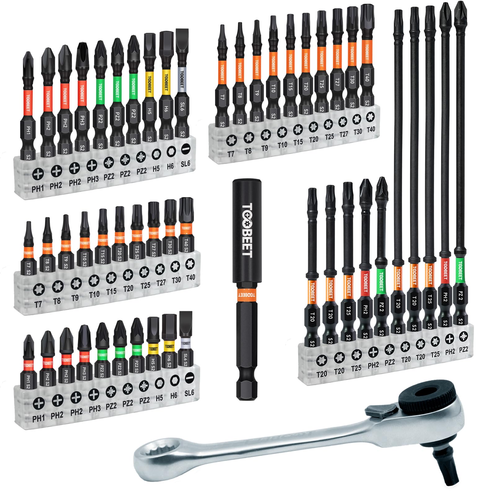 Jeu de 52 Embouts de Vissage Impact S2 (25/50/75/150mm), Torx T7-T40, PH, PZ2, Hex, Fente, avec Mini Clé à Cliquet & Porte-Embout Magnétique, Idéal pour Visseuse à Choc & Zones Étroites