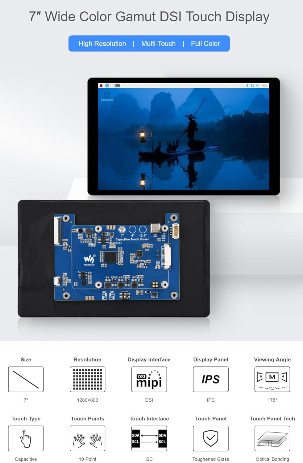 7inch DSI IPS Capacitive Touch Display for Raspberry Pi 5/4B/3B/CM3/3+/4, 1280 × 800 Resolution, Optical Bonding Toughened Glass Panel,10-Point Touch @XYGStudy (7inch DSI LCD (E))