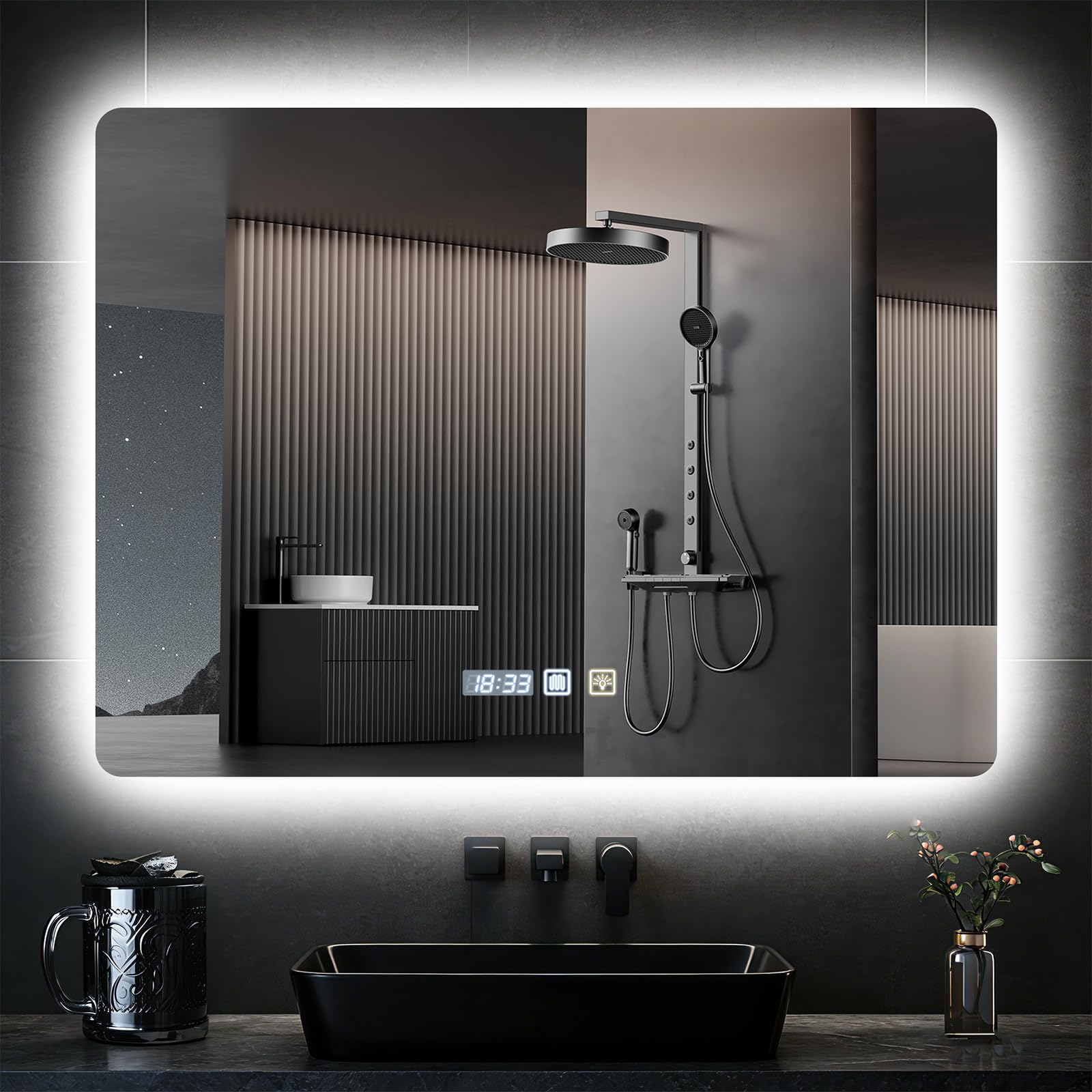 Miroirs de Salle de Bain avec lumière LED 80 x 60 cm, Miroir de Salle de Bain avec lumière réglable de 3 Couleurs, Fonction Anti-buée, réglage de la luminosité, Interrupteur Tactile, Miroir