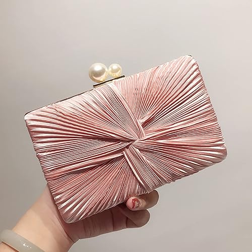 Vista 4 de RAN Bolso de satén con cierre de perlas sintéticas, bolso de banquete para mujer con cadena cruzada (color rosa)