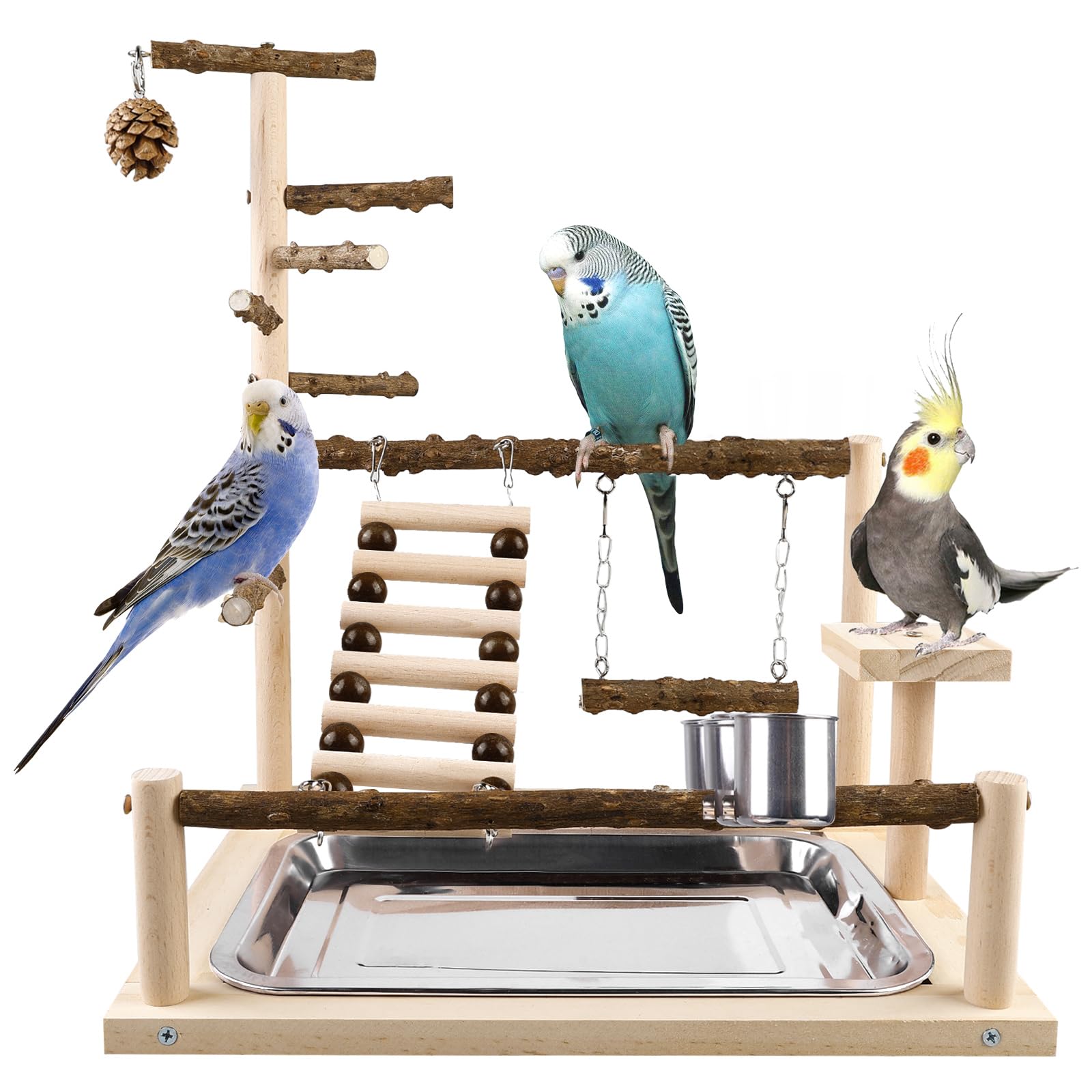 Loro Juegos para loros, Pinguelli, Calopsitte, Guacamayo, Parque de juegos de madera, Trespolo con tazas y bandeja, Fringe
