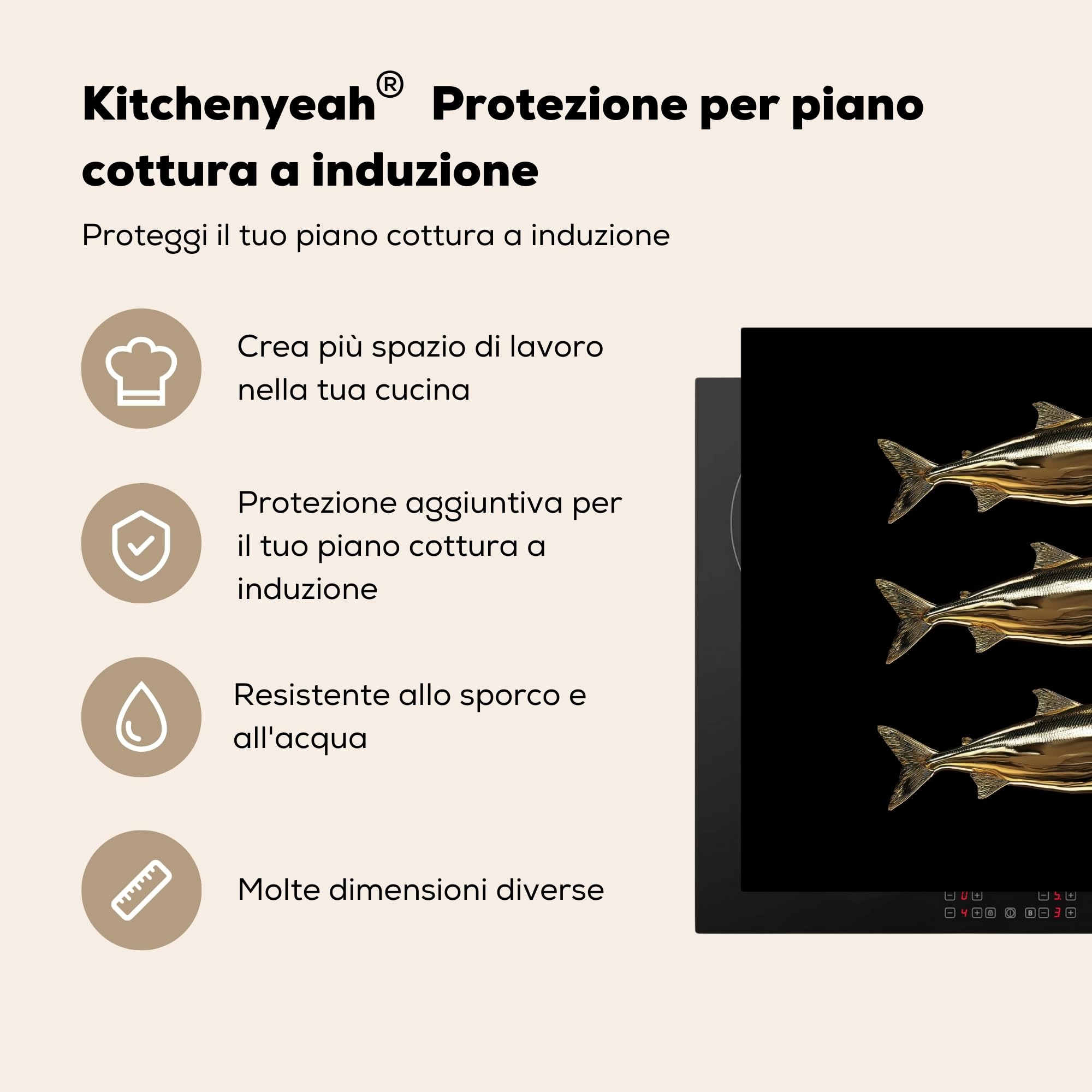 KitchenYeah© Copri Piano Cottura 59x51 cm Coprifornelli Tappetino per Induzione Fornello Tutto per la Cucina Pesce - Oro - Nero