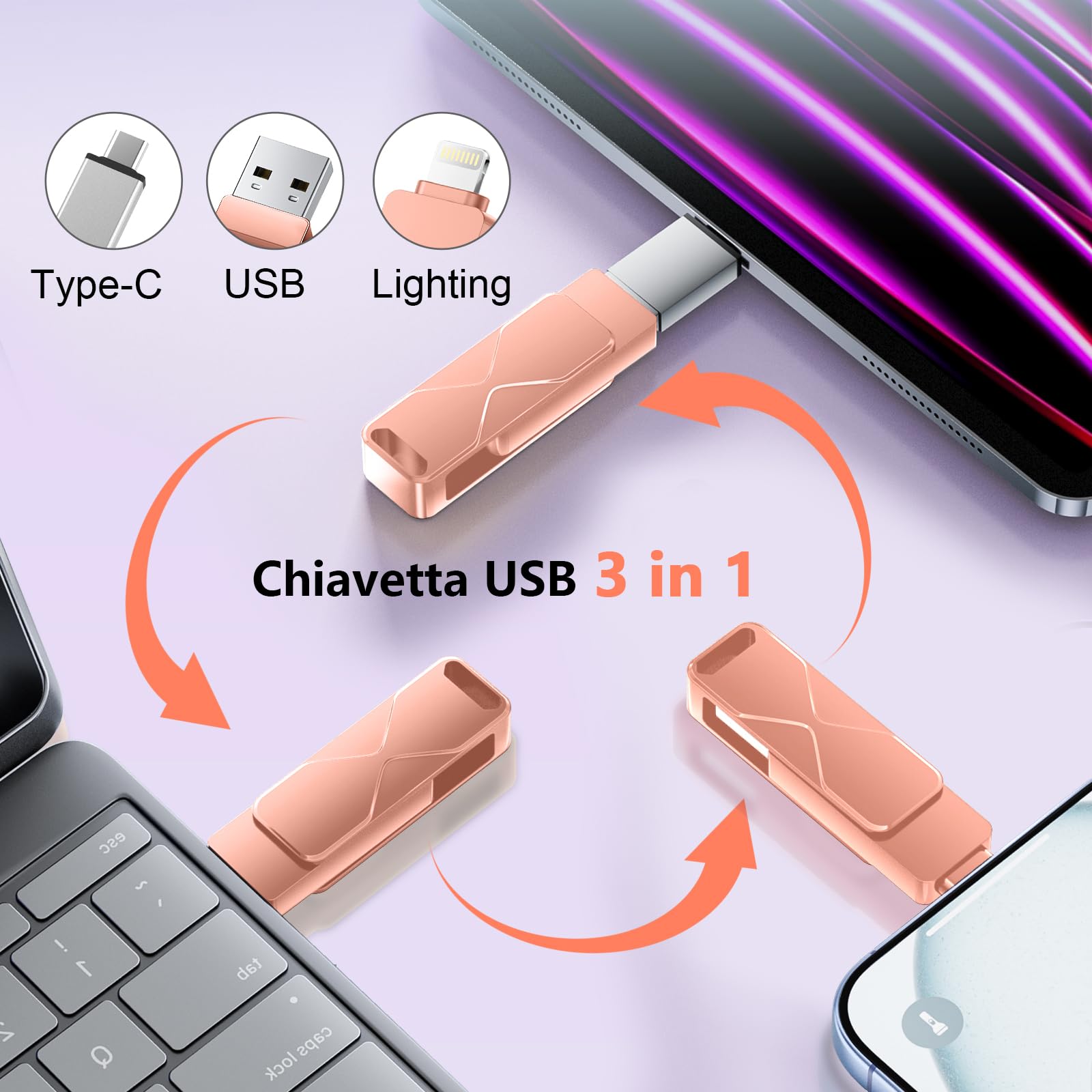 Chiavetta Usb 256GB per iPhone,Mfi Certified Lightning Memoria Esterna Pen Drive Penna Usb Chiavette 3 In 1 per iPhone,iPad,iOS,Macbook,Android,Pc