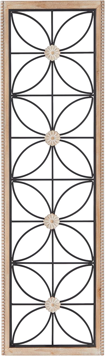Deco 79 Metal Floral Home Wall Decor Wall Sculpture with Brown Frame, Wall Art 15" x 1" x 50", Black