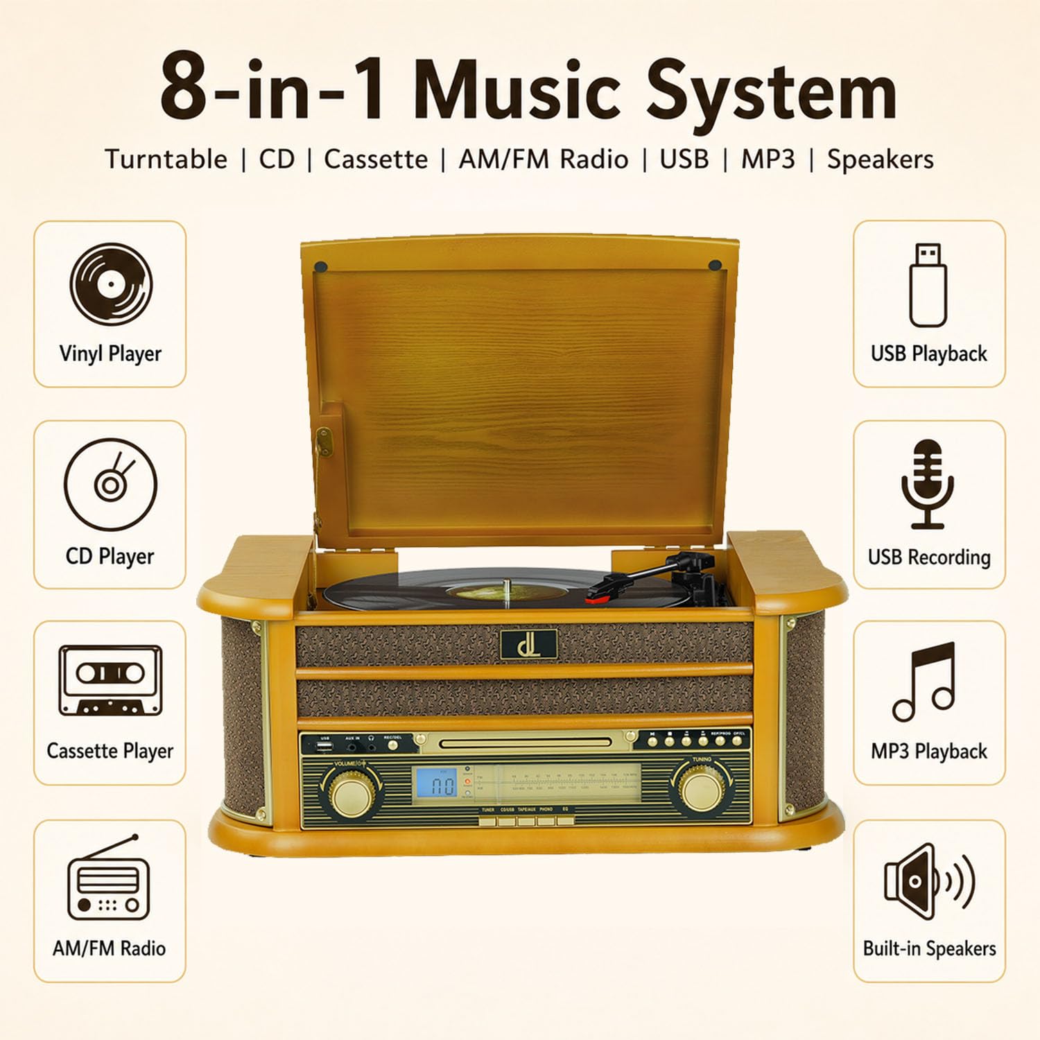 DL Giradischi vinile con altoparlanti e registrazione USB all-in-one, sistema stereo vintage con lettore CD, cassette, radio AM/FM, ingresso ausiliario, centro musicale