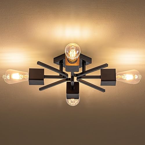 Miniatura 10 de Lámpara Sputnik de 4 Luces Negra de Montaje al Ras Luces de Techo Industrial de Madera 21" Luces de Techo Modernas Estilo Granja para Cocina Negro