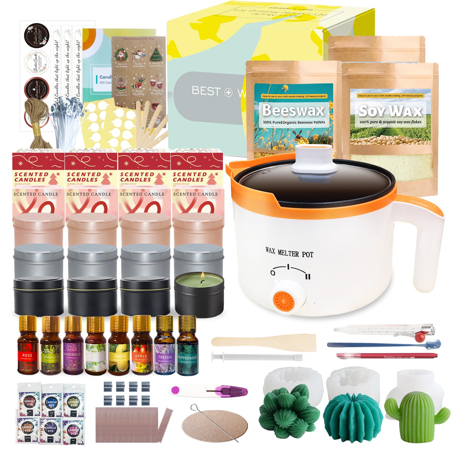 Ksedcon Candle Making Set with Soy Wax, Beeswax, Jars and Cactus Molds. Decoration for DIY Candle Making