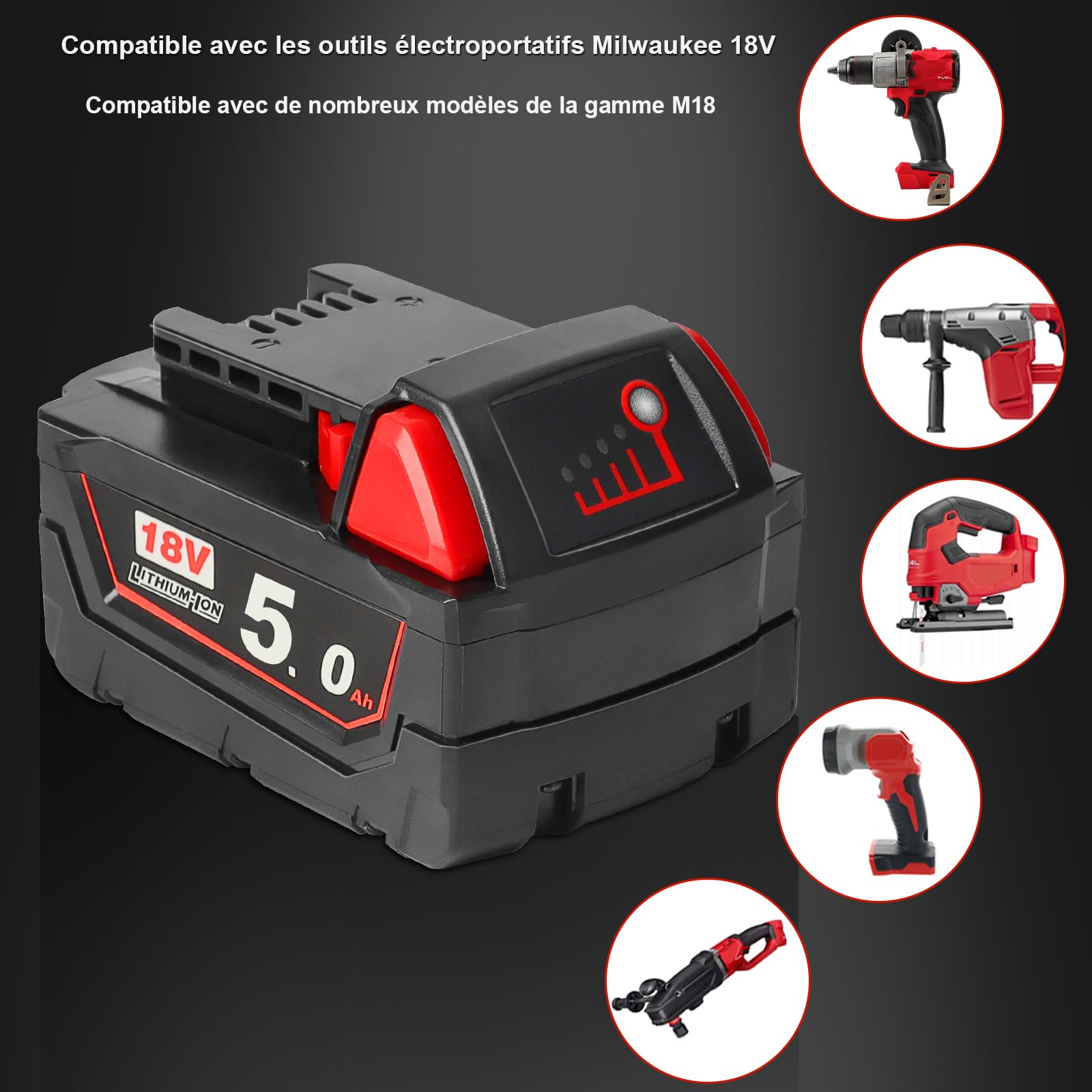 Waitley M18B5 5,0 Ah Batterie pour Milwaukee M18 48-11-1850 48-11-1852 48-11-1820 48-11-1828 48-11-10