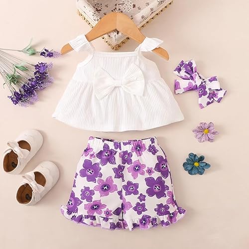Toddler Baby Girl Clothes Summer Outfits Ruffle Sleeveless Linen Shirt Kids Short Set for Girl Size 3-24M(White and Yellow Sets (Two Sets),9-12 Months,Regular)