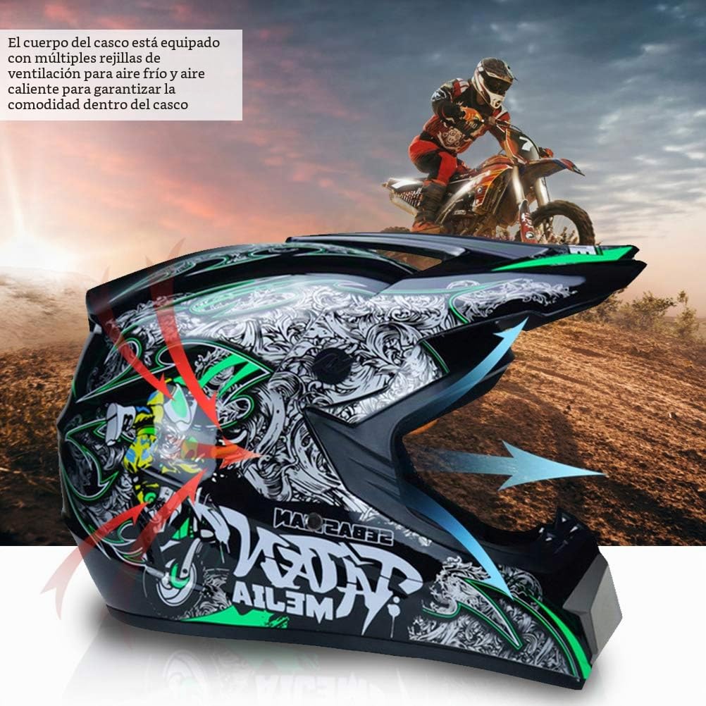 Casco de Motocross Profesional, Casco de Motocross Dirt Bike Offroad con Guantes, Gafas de Seguridad, máscara a Prueba de Viento, Casco MTB Adecuado para Adultos y niños