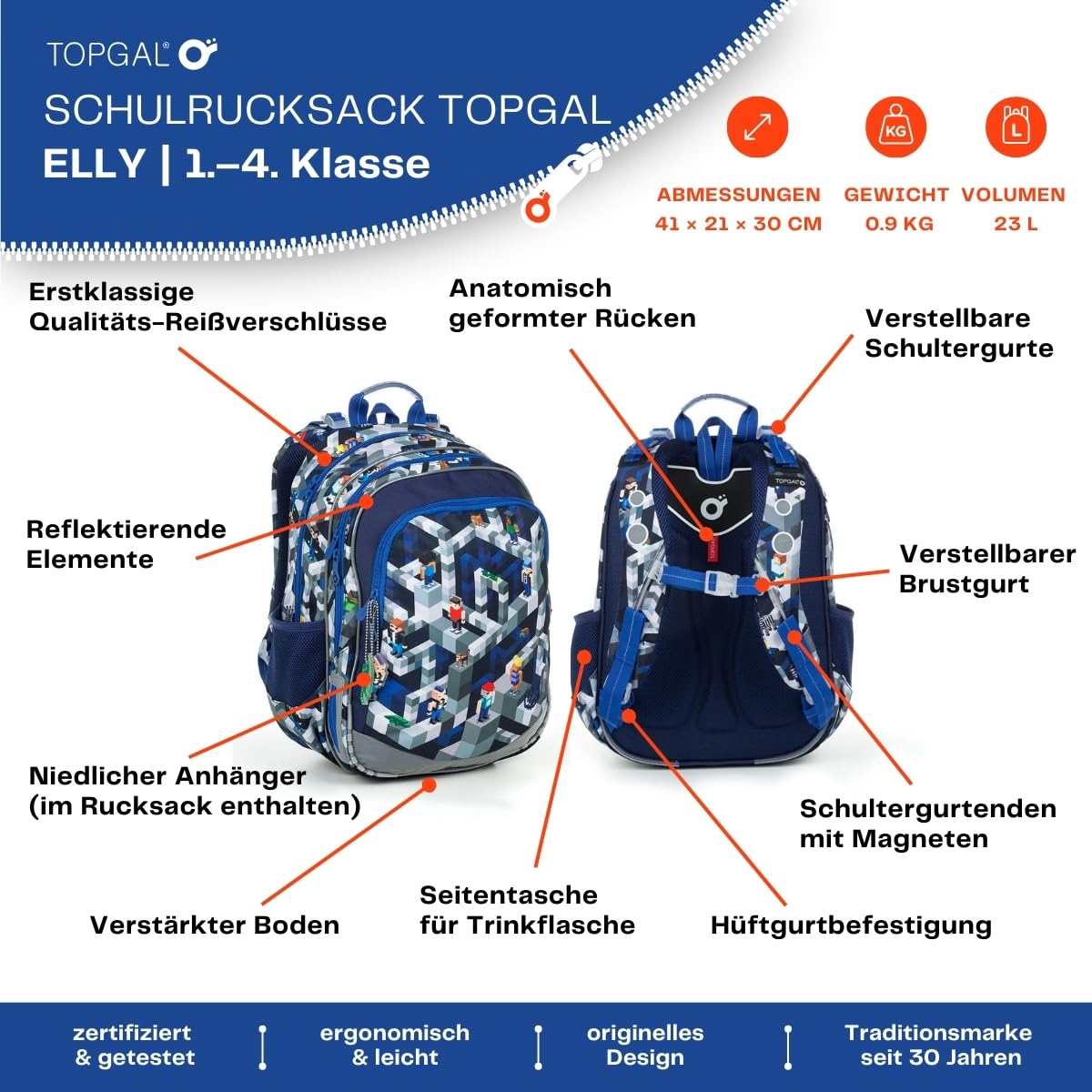 TOPGAL Schulrucksack für Jungen ab 1. Klasse, ergonomisch & leicht, wasserabweisend, mit reflektierenden Elementen, 26 L Schulranzen mit Brustgurt & Rückenpolsterung (PixelArt)