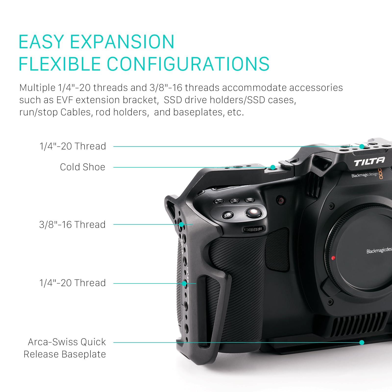 Tilta BMCC 6K Cage, Cage de caméra complète Compatible avec BMCC 6K, Blackmagic Cinema Camera 6K avec Support de Montage d'accessoires pour la poignée de Batterie - Noir TA-T64-FCC-B