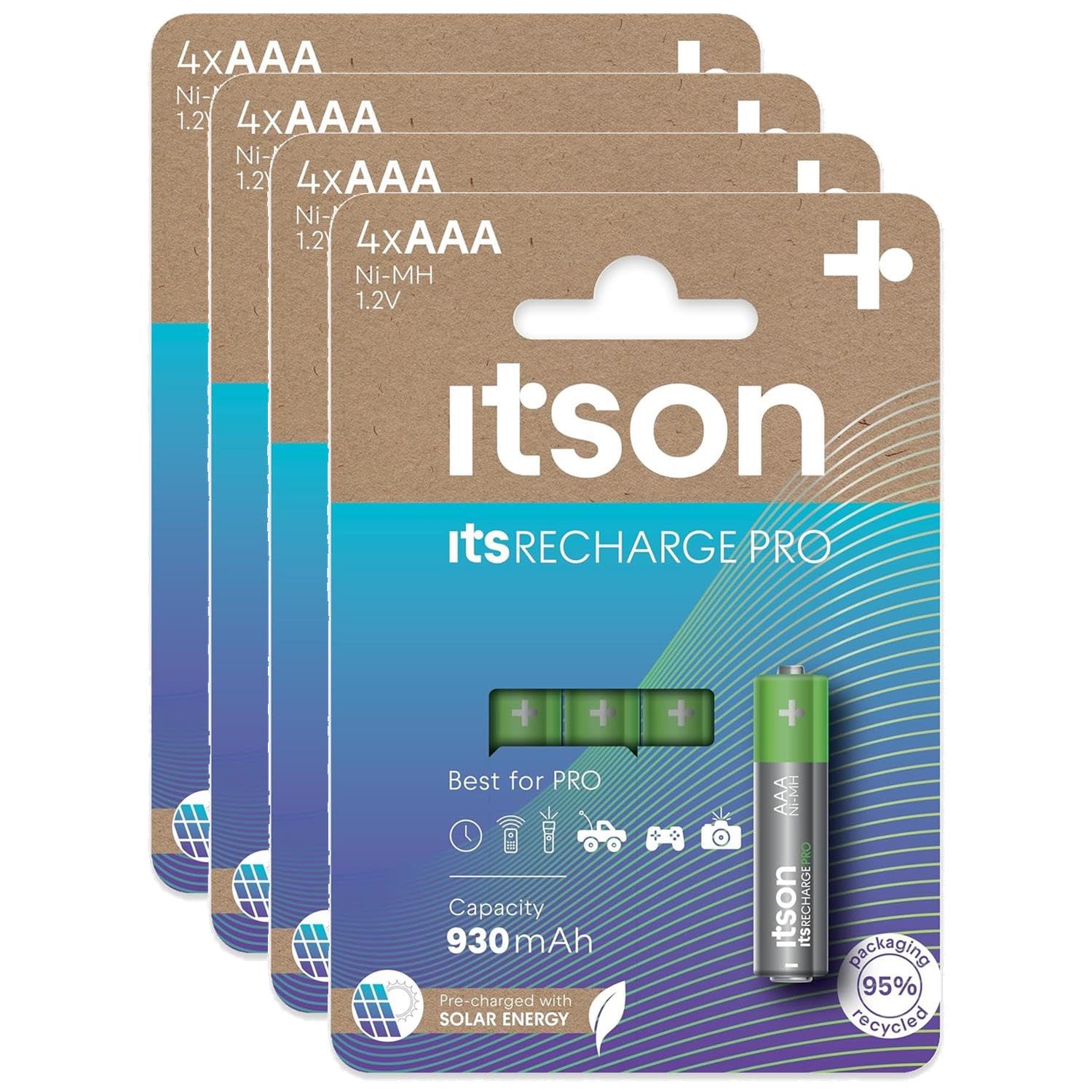 ITSON 4 x 4 batterie ricaricabili AAA Pro NiMH pronte all'uso, 930 mAh, ideali per fotocamere fotografiche, controller di gioco, giocattoli per bambini