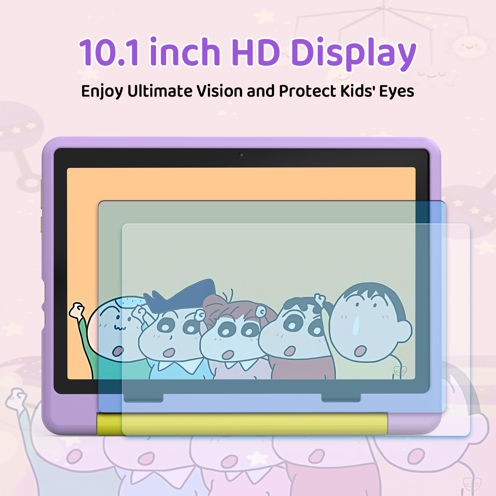 Tablet Bambini 10 Pollici Android 14 Display HD 1280x800 Batteria 5000mAh 8+64GB Espandibile a 1TB Doppia Fotocamera 5+8MP Custodia Protettiva + 3 Adesivi DIY (Viola)