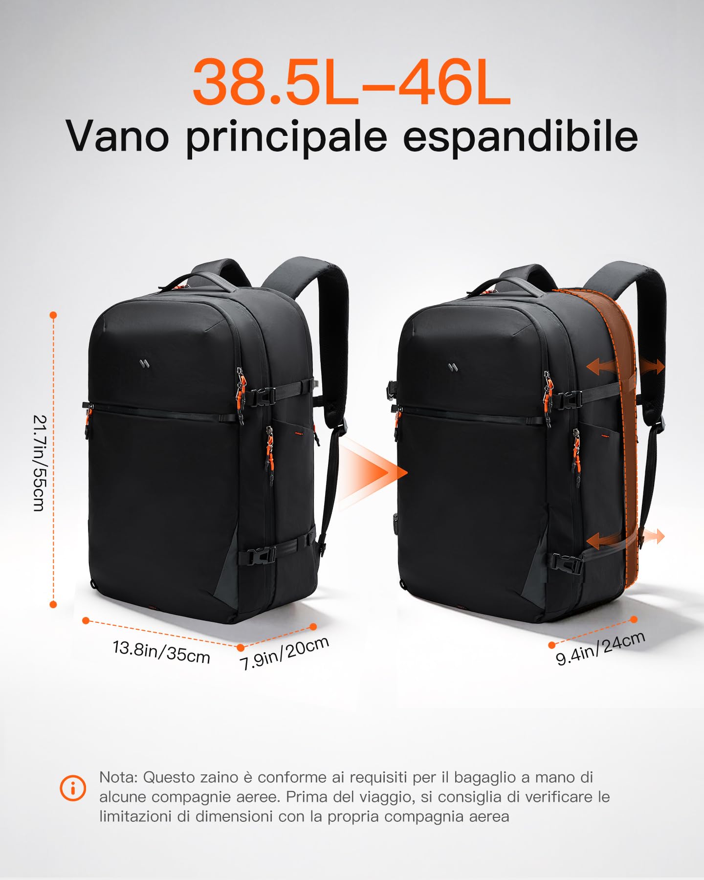 Inateck Zaino Viaggio leggero 38.5-46.2L Espandibile,Adatto alla TSA, Zaini per Portatili fino a 15.6-16 Pollici, per Uomo e Donna, per Viaggi, Escursioni all'aperto,Nero