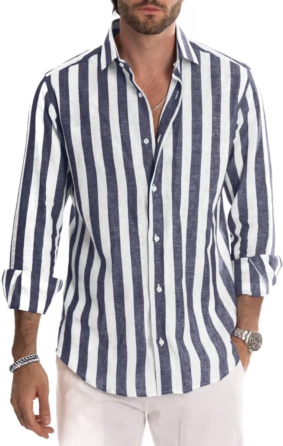 Mens Linen Button-Down Shirts Casual Striped Long Philippines Ubuy